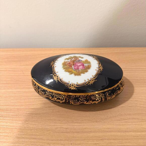 Vintage 22k Limoges Castel France Cobalt Blue Porcelain Trinket Box